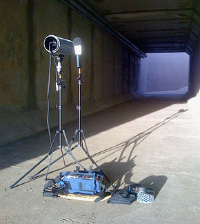 Mic stands in tunnel Small flashgun light stands make perfect mic stands!