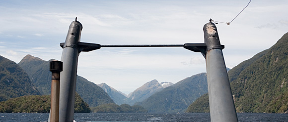 Doubtful Sound: The Tutoko's Smokestacks The smokestacks of the M.V. Tutoko, motoring towards the sea on Doubtful Sound, Fiordland National Park, South Island, New Zealand.