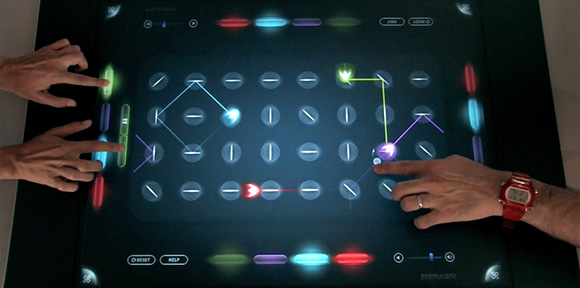 Of course, sometimes an installation is meant to actually create music! This was the first interactive multi-user instrument for Microsoft Surface, a grid sequencer that let up to four people play music.